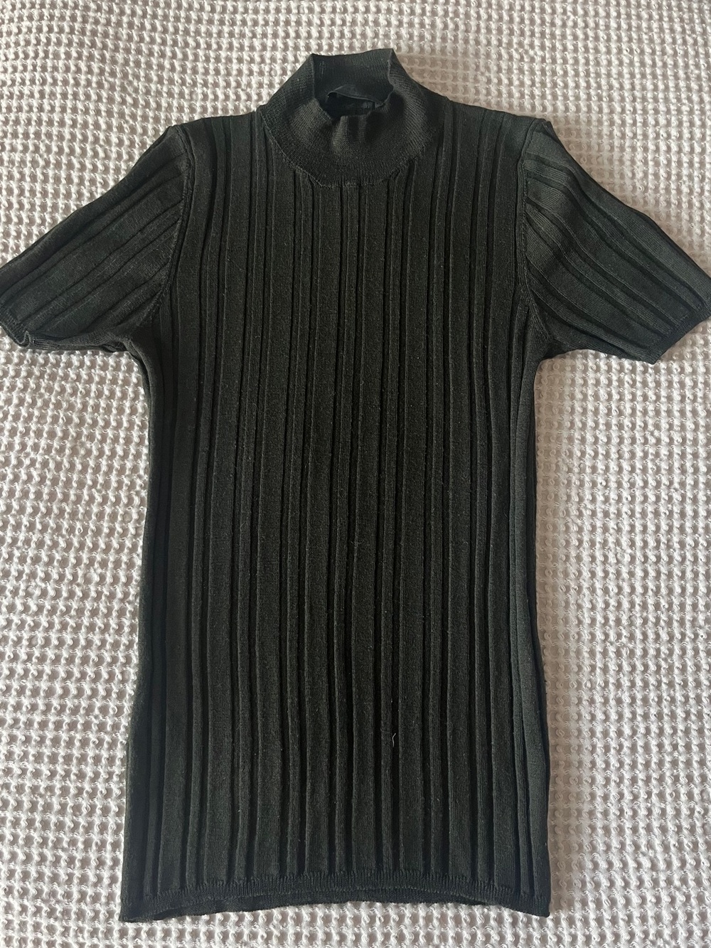 Prada Wool Ribbed Knit Mock Neck Short Sleeve Sweater